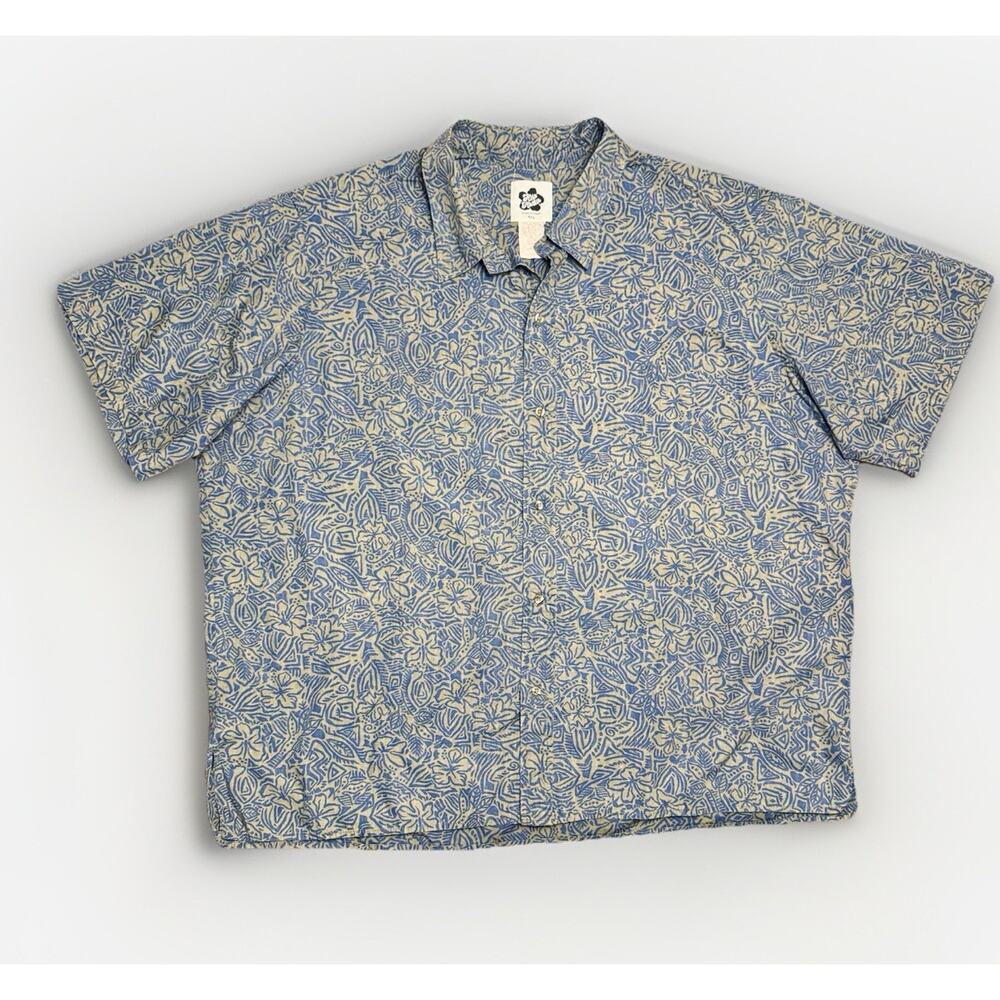 VTG 90s Hilo Hattie Camp Shirt Mens 4XL Blue Beige Hawaiian Geometric‎ Hibiscus